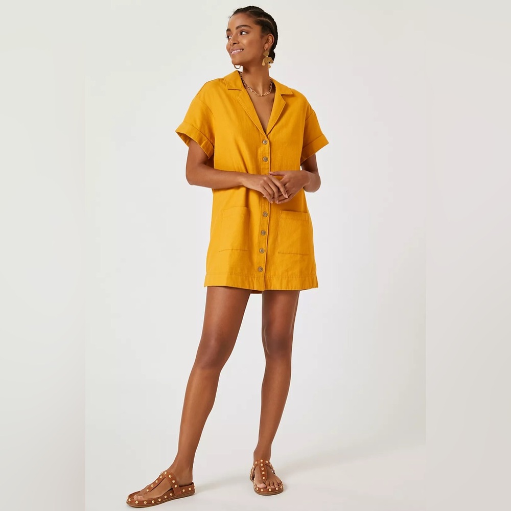 Pilcro Anthropologie Mustard Yellow Short-Sleeve Button Front Mini Shirt Dress